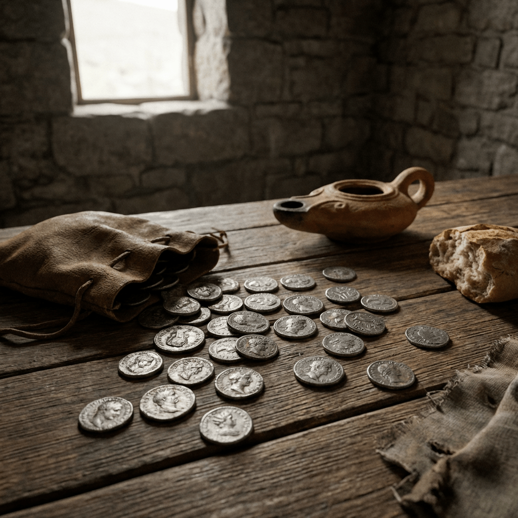Ancient silver coins spilled from a leather pouch on a rustic wooden table.