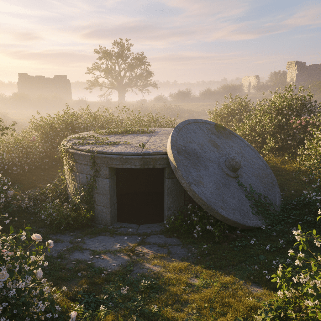 Ancient circular stone tomb with an open lid in a misty, rose-filled garden.