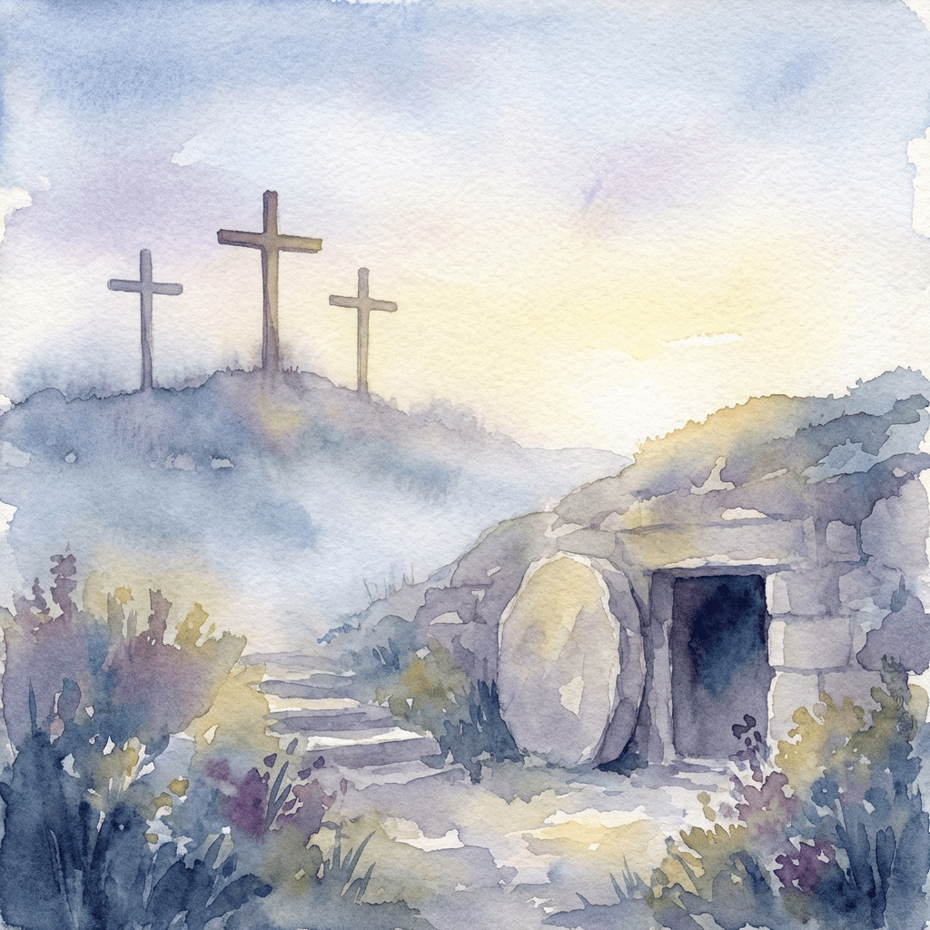 Watercolor of an empty tomb and three crosses on a hill at sunrise.