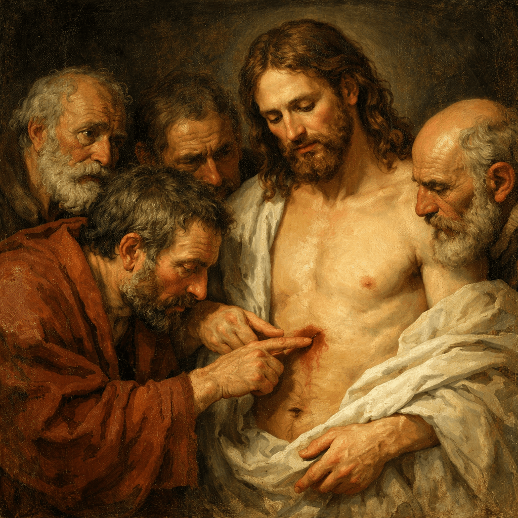 Jesus showing a wound on his side as Thomas touches it surrounded by disciples