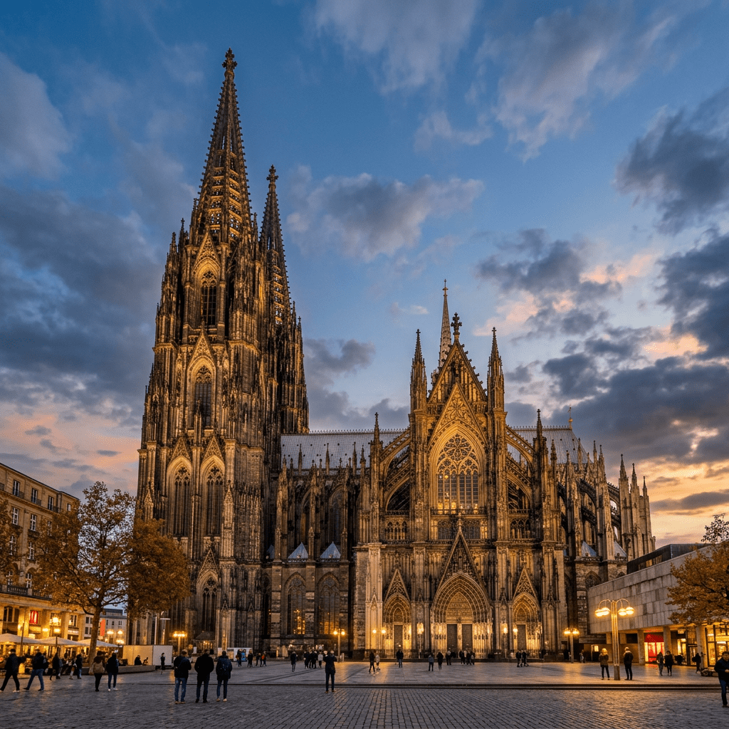 Cologne Cathedral lit up at twilight with people in the plaza