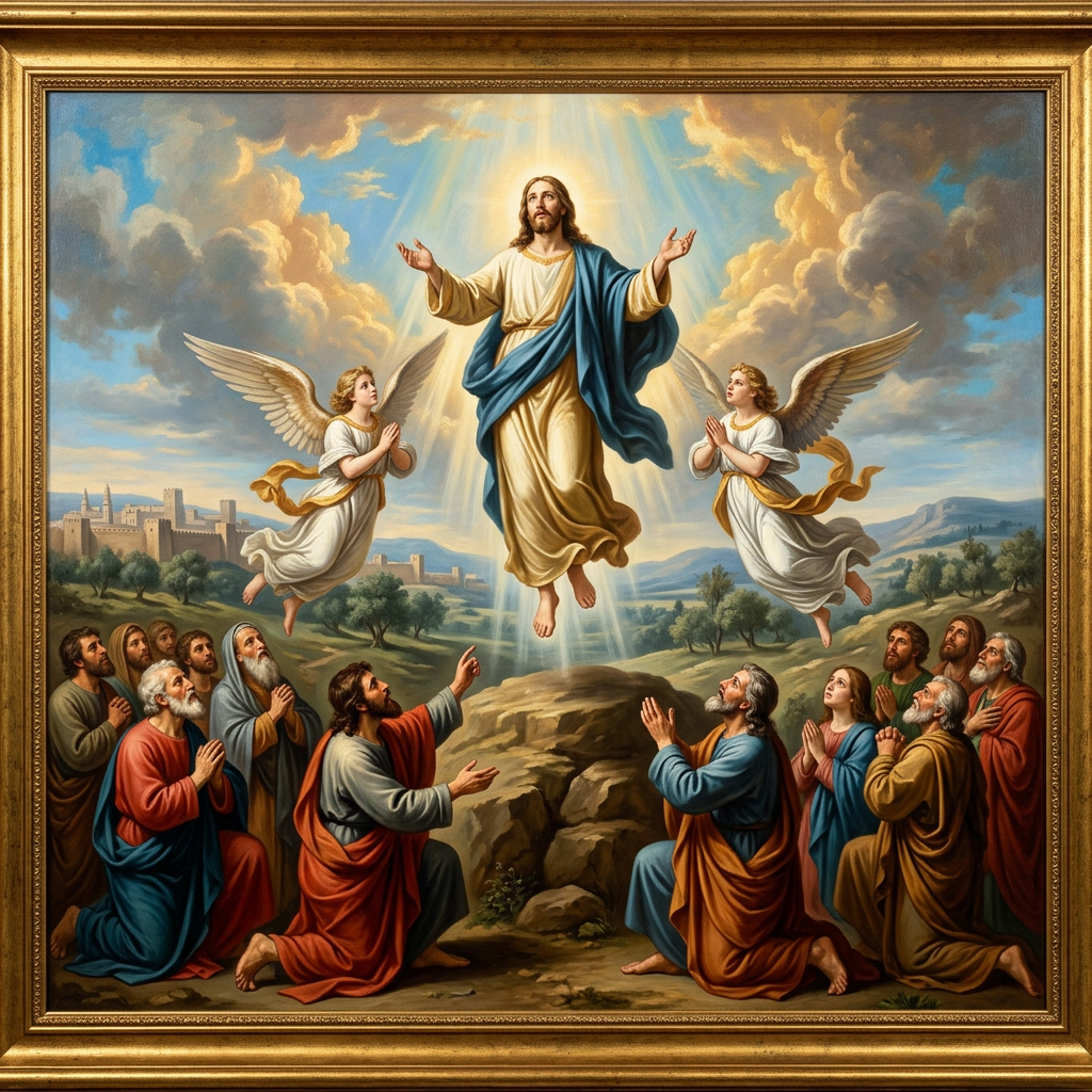 Jesus ascending to heaven with two angels beside him and disciples kneeling and praying below
