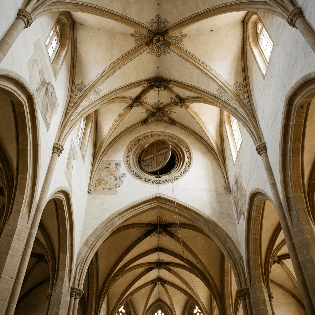 Gothic vaulted ceiling with ribbed arches, fresco fragments on walls, and a circular window with wooden shutters